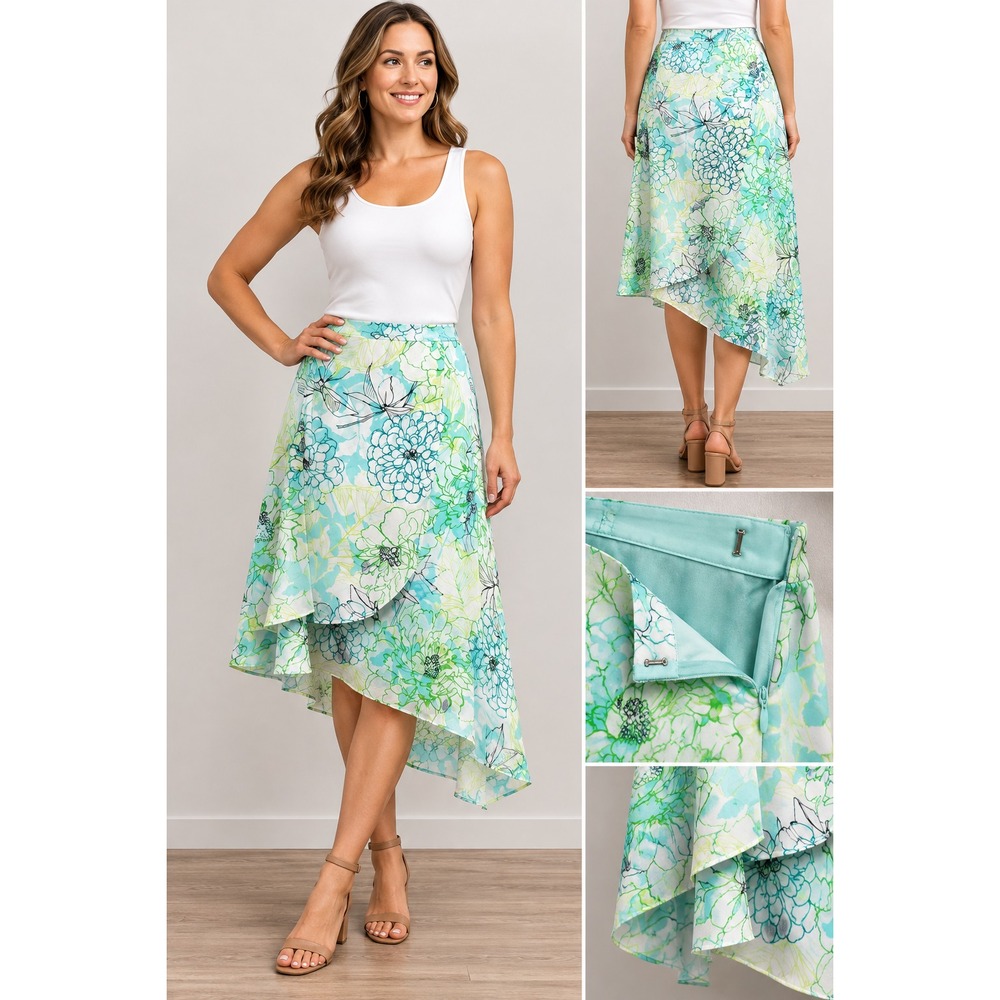 Nine & Company Floral Flowy Skirt Women's 12 Blue Green White Lined